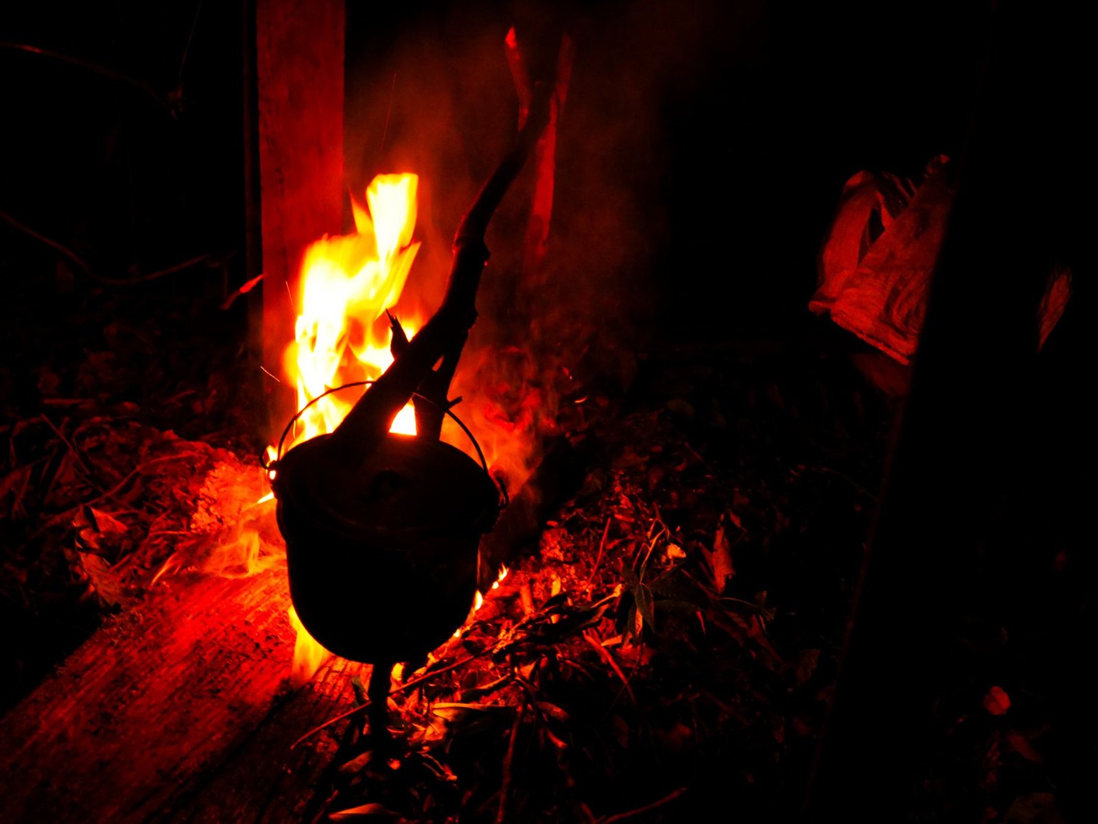 Guayusa brewing in a pot over the fire before first light